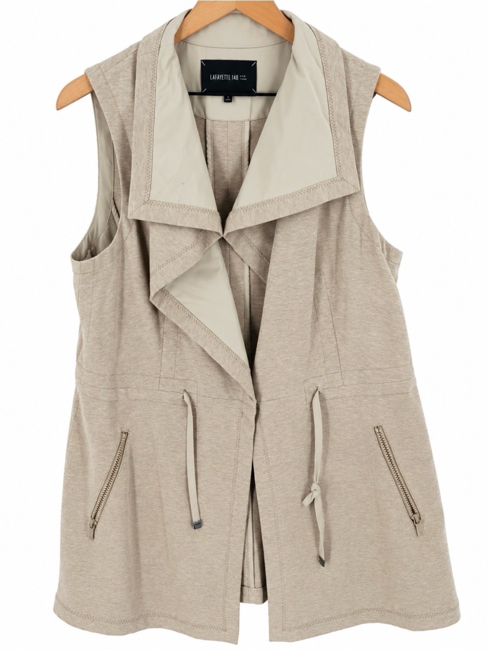 Lafayette 148 New York Vest Size S Beige Draped Collar Drawstring Zip Pockets